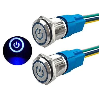 Image de Aiqeer 2 Pièces 16 mm Commutateur Bouton Poussoir Auto Bloquant, 12V / 24V 5A Interrupteur à en Acier Inoxydable Étanche IP67, avec Prise Pré Câblée (LED Bleu)