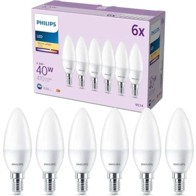 Image de Philips, pack de 6 ampoules LED E14 format flamme, 40W, blanc chaud