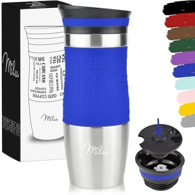 Image de Milu Mug Isotherme Etanche 370ml 450ml Thermos café thé I Tasse Isolée pour et à emporter, Double Paroi sous Vide, Acier Inoxydable de voyage Chaud &amp; froid (370ml, Bleu)