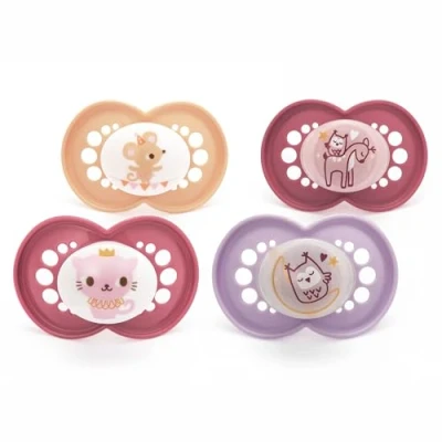 Image de MAM Original Start Lot de 4 tétines jour et nuit 6 à 18 mois Comprend 2 phosphorescentes Design orthodontique Accessoires pour bébé Rose (différents modèles)