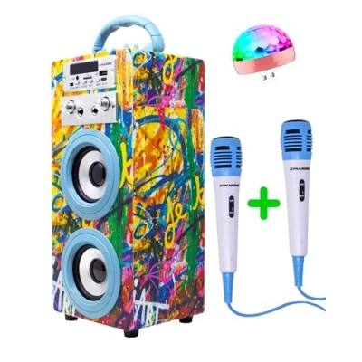 Image de Machine à Karaoké Portable DYNASONIC avec 2 Micros, Haut Parleur Bluetooth, Lecteur USB/SD, Lumières, Cadeau pour Enfants (Modele 22 lumière)