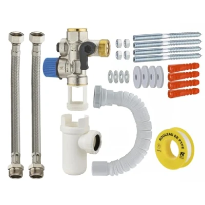 Image de Groupe de sécurité droit norme NF 20x27 (3/4) siège inox anti corrosion + siphon flexibles d&#039;alimentation flexible évacuation teflon fixations murale chauffe eau/cumulus NOYON &amp; THIEBAULT