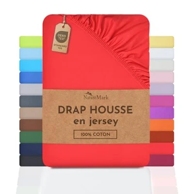 Image de NatureMark Drap Housse en Jersey, 100% Coton, Disponible dans de Nombreuses Tailles et Couleurs, qualité Oeko Tex Standard 100, 140 x 200 cm 160 cm, Rouge