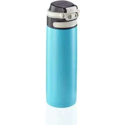 Image de Leifheit Flip Bouteille isotherme (600 ml) avec bouchon à vis, mug voyage fermeture 100% anti fuite, étanche ouverture une main, bleu océan