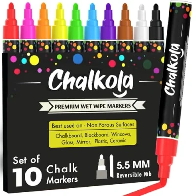 Image de Chalkola Marqueur Craie Lot De 10 Stylos Néon Utilisé Sur Tableau Blanc, Noir, Fenêtre, Noir Balle Réversible 6 mm Et Pointe Ciseau Aimé Par Enseignants Artistes