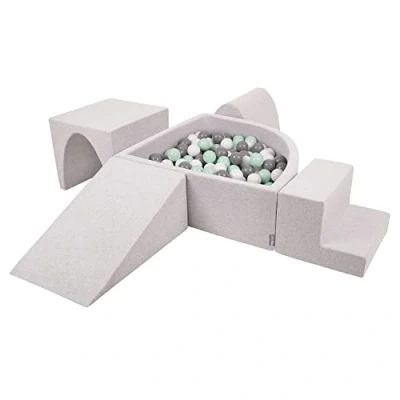 Image de KiddyMoon Aire De Jeux en Mousse avec Quart Angulaire Piscine À Balles (200 Balles) pour Bébé, Gris Clair: Blanc/Gris/Menthe