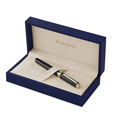 Image de Waterman Exception stylo plume, noir avec clip doré à l’or 23 k, plume moyenne, cartouche d&#039;encre bleue, coffret cadeau