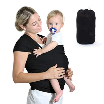 Image de HyAiderTech Echarpe de Portage Bebe, Ceinture Porte Bebe Ceinture, l&#039;Echarpe Fait Coton Elastique, Écharpe Multifonctionnel pour les Nouveau nés et Bébés Jusqu&#039;à 15 kg (Black)