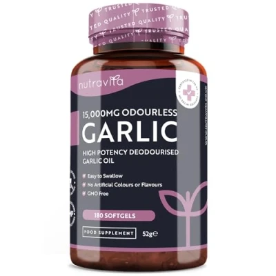 Image de Ail inodore en gélules à haute concentration 15000 mg 180 molles d’huile d’ail d’Allium Sativum Quantité suffisante pour 6 mois Fabriqué au Royaume Uni par Nutravita