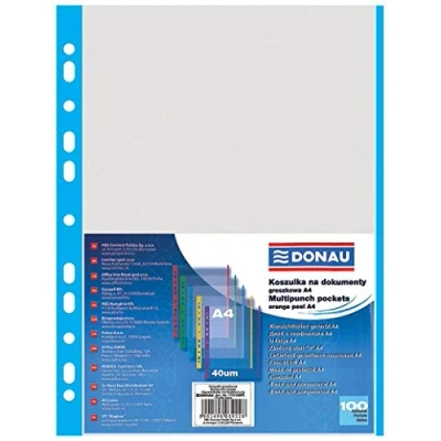 Image de DONAU 1774100PL 10 Lot de 100 pochettes perforées grainées avec bord bleu en haut transparent pour documents, papiers, dossiers, classeurs, format A4, transparent, 40 microns,