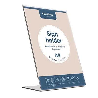 Image de Europel Budget Présentoir de table, Base T, format A4 Portrait, Polystyrène limpide 1,5 mm, affichette, pour restaurants, hôtels, conférence, réception, Autoportant et Double face Transparent
