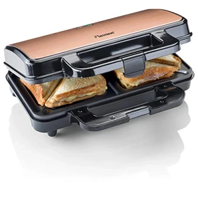 Image de Bestron appareil croque monsieur, appareils à sandwich antiadhésif pour deux sandwichs, avec réglage automatique de la température &amp; indicateur disponibilité Copper Collection, Couleur: Cuivre