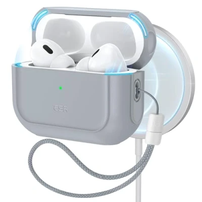 Image de ESR Coque pour AirPods Pro 2/1 avec HaloLock, Compatible 2023/2022/2019 (Câble USB C/Lightning), MagSafe, Protection Hybride Contre Les Chutes, Gris Argent