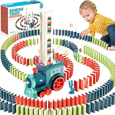 Image de NCKIHRKK Ensemble de Jouets Train Electrique ,160 Pcs Blocs Domino,Automatique Pose avec lumières et Musique,pour Filles Garçons 3 Ans Plus (Bleu)