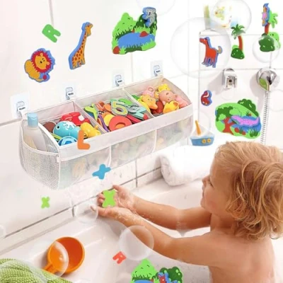 Image de Filet de rangement pour jouets bain, sac à suspendre sacs en maille, 3 compartiments horizontaux, grandes ouvertures, organiseur bain avec 2 poches