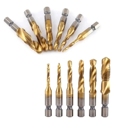 Image de Tarauds, 6pcs filetage métrique M3 M10 foret HSS revêtu de titane et embouts taraudage 1/4 pouce à tige hexagonale avec flûtes en spirale