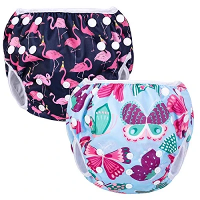 Image de Luxja Couches de Bain, Bébé Maillot Bain 2PCS, Lavable, Réutilisable, Ajustable, Pour les enfants 0 3 Ans, Flamingo + Papillon