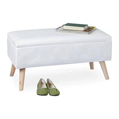 Image de Relaxdays Banc siège avec Espace de Rangement, Housse Velours, 40 l, rembourré, Pieds en Bois, entrée, 41x80x40c, Blanc