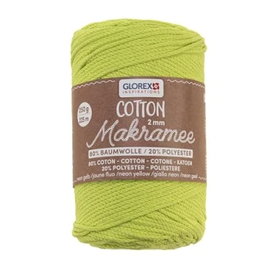 Image de Glorex 5 1008 34 Makramee 2 mm, 250 g, Neon Gelb, Longueur 225 m, Fil Triple Torsion, 100% Coton, pour Le Crochet, Tricot, nouage et Les créations Textiles, Jaune Fluo