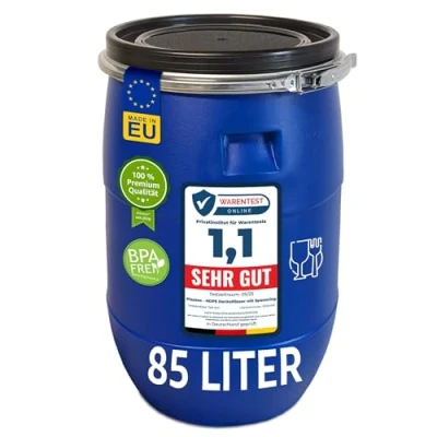 Image de plasteo® fût à col large de 85 litres avec couvercle et anneau serrage, convient un usage alimentaire, sans BPA, nourriture, universel couvercle, eau, tonneau stockage