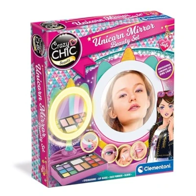 Image de Clementoni Miroir Trousse à Maquillage 6 Ans avec Cercle Lumineux, Console Lavable et pinceaux Professionnels, Ensemble cosmétique, sûr testé Crazy Chic Unicorn
