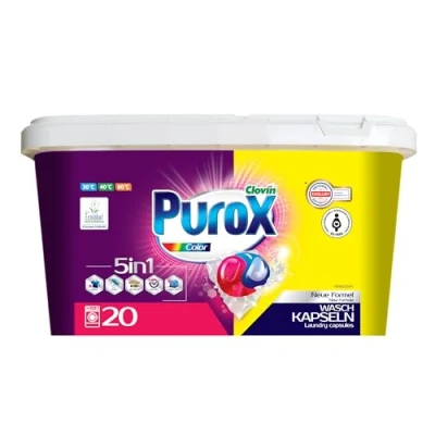 Image de PUROX UNIVERSAL Lessive Liquide en Capsules (20 Lavages), à 2 compartiments pour le lavage des textiles blancs et colorés, Détergent IML