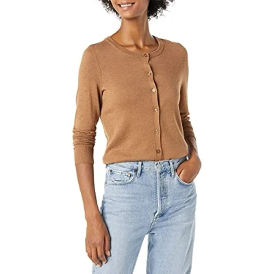 Image de Amazon Essentials Gilet Col Rond Léger (Grandes Tailles Disponibles) Femme, Fauve Foncé, L