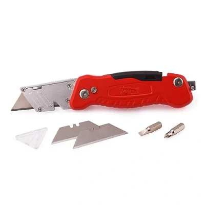 Image de MIVOS Couteau avec lame rétractable Longueur de 125 mm Outil multifonction incluant 2 lames rechange et embouts tournevis en métal, à trapézoïdale, tapis, universel