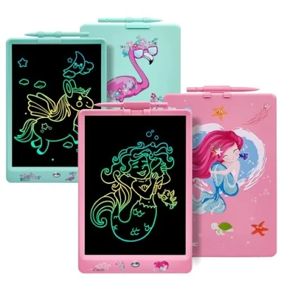 Image de DYNASONIC Lot de 2 planches DYNA PM Flamant Rose + Sirène) Tablette d&#039;écriture LCD Couleur 10 pouces pour enfants Tableau magnétique dessin Jouet éducatif Cadeau