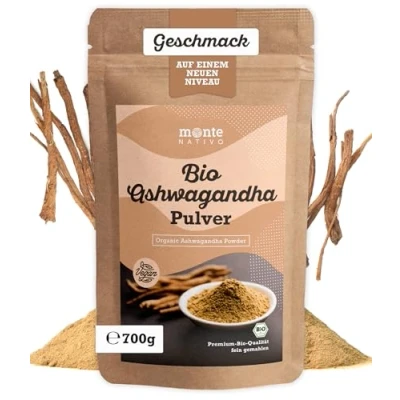 Image de Poudre d&#039;ashwagandha bio de Monte Nativo 700 g racine moulue Ginseng indien Cerise d&#039;hiver Withania somnifera Certifié originaire d&#039;Inde Testée en laboratoire