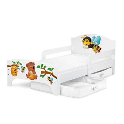 Image de Leomark Smart Moderne Lit d&#039;enfant Toddler 140x70 Blanche Simple avec Un Tiroir, pour Enfant Rangement et Matelas, Tiroir en Textile 2 Pièces