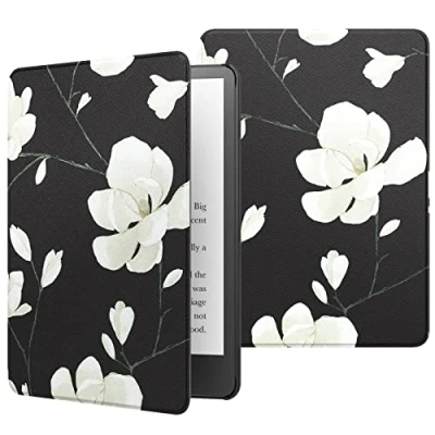 Image de MoKo Coque de Protection Compatible avec 6,8 Pouces Kindle Paperwhite 11e Gén (Modèle 2021), Étui Pliable pour Édition Signature Tablette, Auto Réveil/Veille, Noir + Magnolia Blanche
