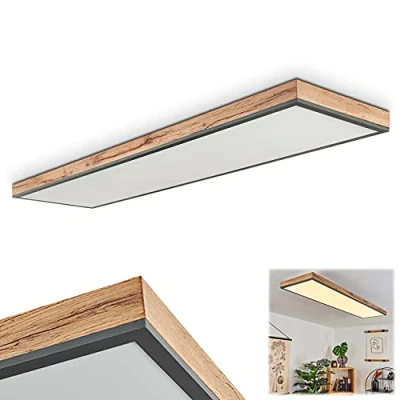 Image de Plafonnier LED Salmi en bois et métal noir, élégant panneau lumineux plat rectangulaire idéal dans un bureau moderne, 36 Watt, 2250 Lumen, 3000 Kelvin (blanc chaud)