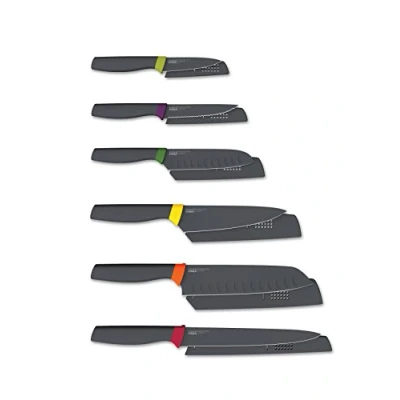 Image de Joseph Elevate Ensemble de couteaux 6 pièces, lames en acier inoxydable, avec couteau dentelé et chef, étui protection, Noir/Multicolore