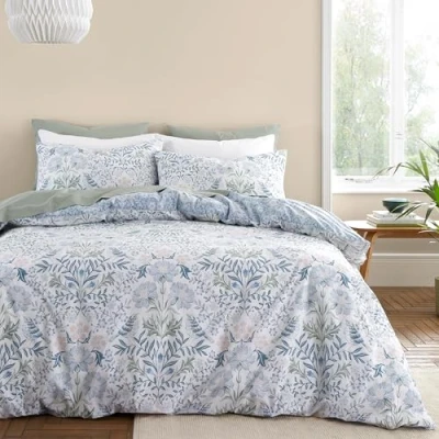 Image de Bianca Hedgerow Hopper Parure de lit Super King Size en Coton 200 Fils avec Housse Couette et taies d&#039;oreiller Bleu