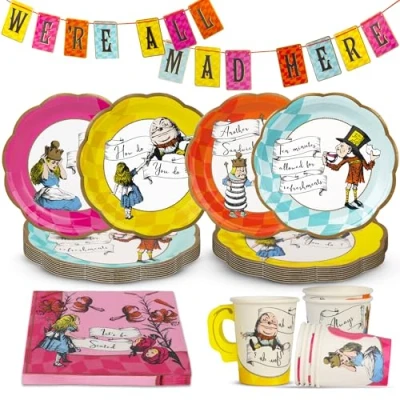 Image de Talking Tables 12x 23cm Assiettes Alice au pays des merveilles, vaisselle jetable, fournitures recyclables à domicile pour la fête du Chapelier fou, l&#039;anniversaire, le thé de l&#039;après midi