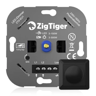 Image de Zigtiger Interrupteur de gradation des LED, variateur rotatif encastré pour LED dimmables et halogène 3100 W, sans griffes serrage, garantie 3 ans, noir