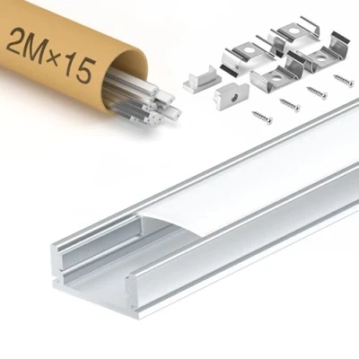 Image de KOSOOM Profilés LED aluminium pour bandes lumineuses LED, 15 x 2m profile avec couvercle opaque (30m), dimensions 17,4 7 mm largeur maximale de la bande 12,4