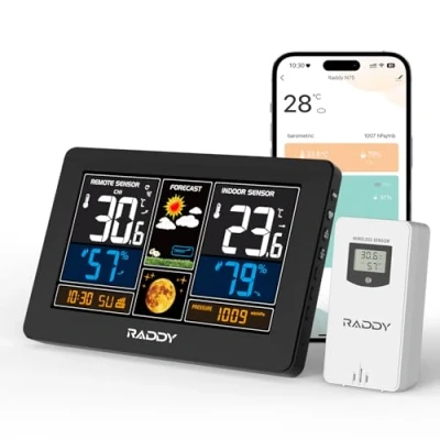 Image de Raddy N75 station météo Wi Fi avec Capteur Extérieur, sans fil 7,5&quot;, APP affiche les données météo, horloge réseau, prévisions météorologiques, avertissement de gel, luminosité réglable