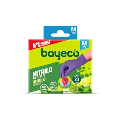Image de Bayeco Gants nitrile à usage unique Couleur violet Ambidextres Sans poussière ni latex Doigts texturés pour une meilleure prise en main Pack distributeur de 20 unités Taille M