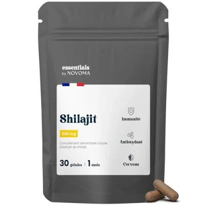 Image de Shilajit Pure 500mg, 50% Acides Fulviques, Complément Naturel pour l&#039;Immunité &amp; Cognition, 30 Gélules, Cure de 1 mois, Fabriqué en France, Essentials by Novoma