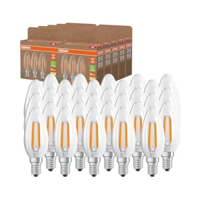 Image de OSRAM Lampes LED haute efficacité avec classe énergétique A, pack avantage de 30 lampes, remplace les ampoules 40W classiques, forme bougie, blanc chaud (2700K), E14, verre filament