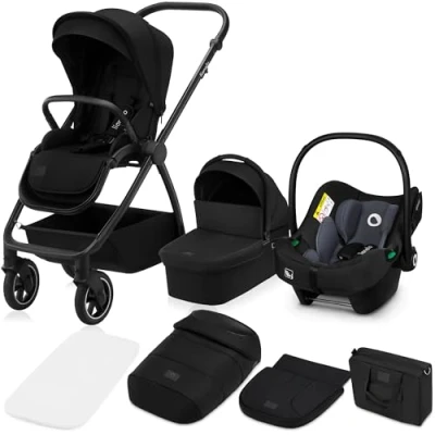 Image de LIONELO MERIL 3 en 1 Poussette Bébé Multifonctionnelle 0 à 48 Mois Jusqu&#039;à 22 kg, Nacelle 9 Siège Auto, Roues Tout terrain 360 , Amortissement Complet Auvent XXL UPF50+ (Black)