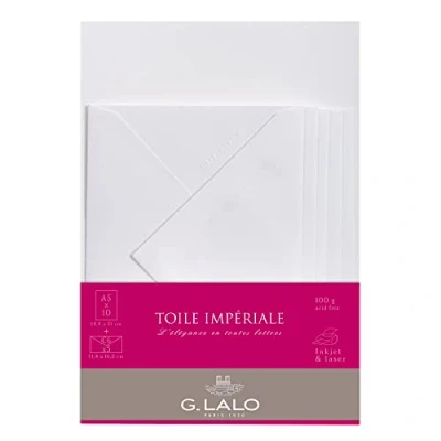 Image de Lalo 62200L Un ensemble de correspondance comprenant 10 feuilles A5 100g et 5 enveloppes gommées 11,4x16,2 cm, Toile impériale, Blanc