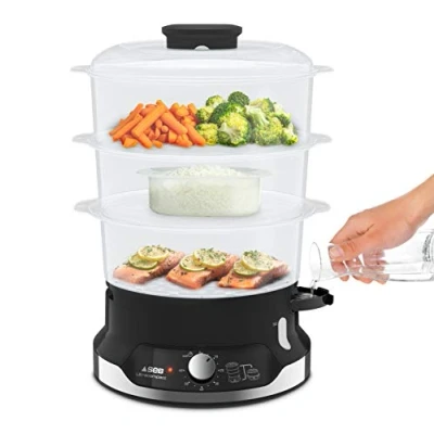 Image de Seb Ultracompact Cuiseur vapeur, Cuisson saine, 9 L, 800 W, 3 bols empilables, Bac à riz et céréales, Minuteur 60 min, Arrêt automatique, Niveau d&#039;eau visible, Facile ranger VC204800