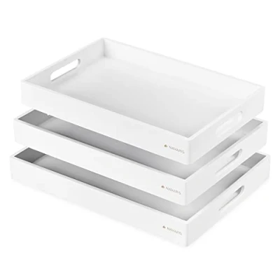 Image de Navaris Plateau de Service rectangulaire Lot 3X en Bambou avec 2 poignées Repas Petit déjeuner Taille S M L