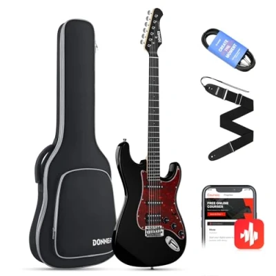 Image de Donner E Guitar Set Full Size, HSS Bobine Divisé Pickups, 39 pouces Solid Body ST Guitare débutant avec sac, sangle, câble (Designer Series, Chevalier Noir)