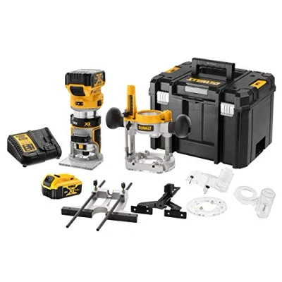 Image de DEWALT Kit affleureuse et défonceuse XR 18V brushless moteur haut rendement lumière LED design compact léger plusieurs accessoires inclus DCW604P2 QW