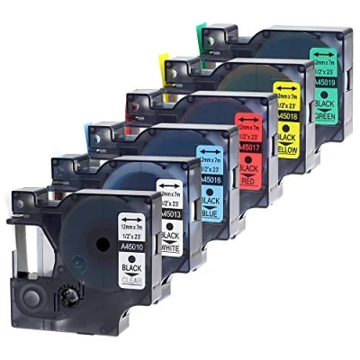 Image de Wonfoucs Ruban Compatible pour Dymo D1 12mm x 7m, 45013 45010 45016 45017 45018 45019 LabelManager 160 210D 280 420P LW 450, Noir sur Clair/Blanc/Bleu/Rouge/Jaune/Vert
