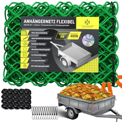 Image de KESSER® Filet de remorque 2 x 3 m extensible à mailles fines suspension avec corde serrage et cordon en maille pour sécuriser le chargement sécurité élastique Marquages